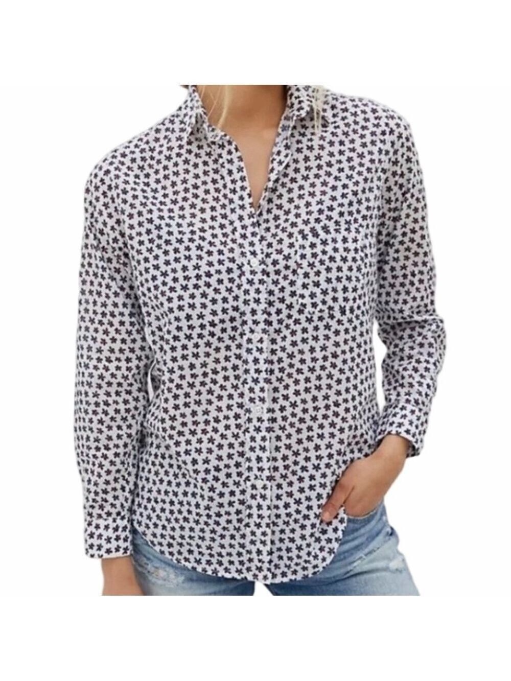 Grayson Floral Button-Front Shirt Gray Blue Red Anthropologie Size 3 (Medium